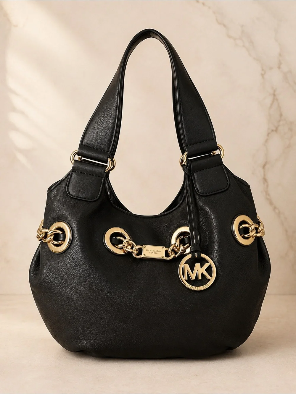 Michael Kors Black Pebbled Leather Gold Chain Grommet Hobo Shoulder Bag